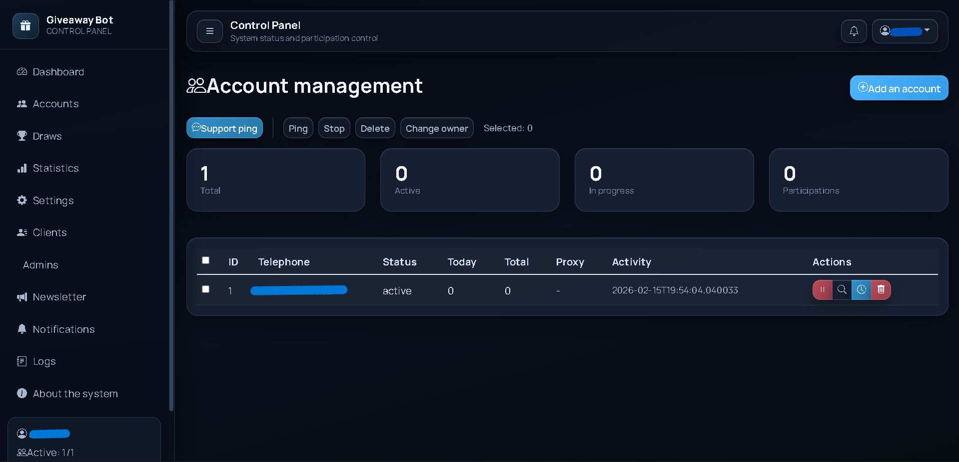 Admin panel and account management